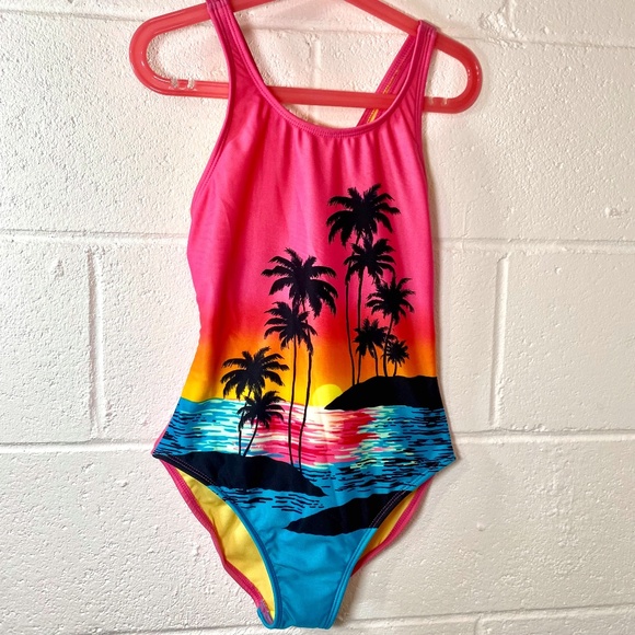 Art Class Girls One Piece Tropical Islands Pink Blue Yellow Swim Suit NWOT - Picture 1 of 9